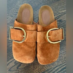 Khaite - the Downing Suede Mules with Gold Buckle